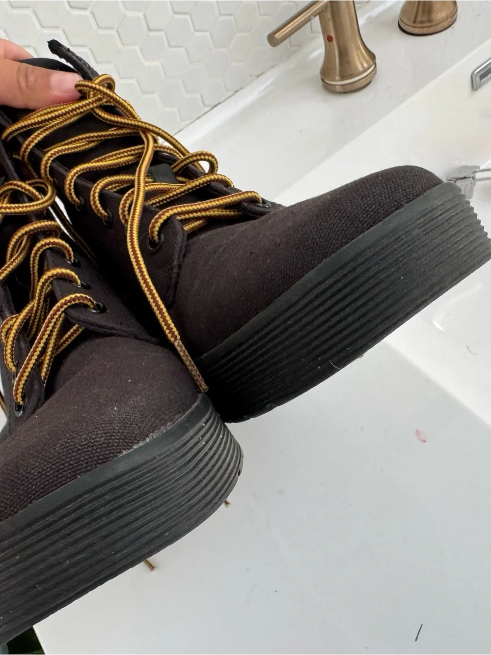 Dr. Martens Black Lace-Up Combat Boot with Yellow Heel Loop